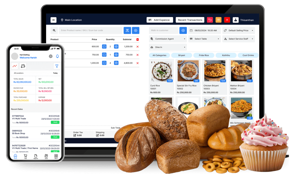 NEXA bakery shop POS: billing screen on a laptop and sales dashboard on the mobile app