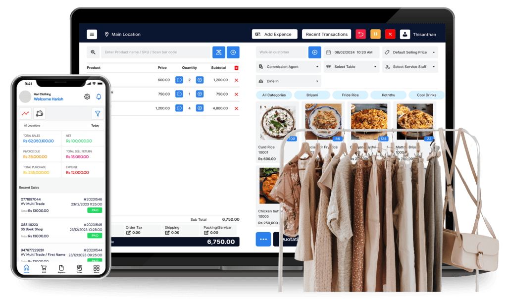 NEXA clothing shop POS: billing screen on a laptop and sales dashboard on the mobile app
