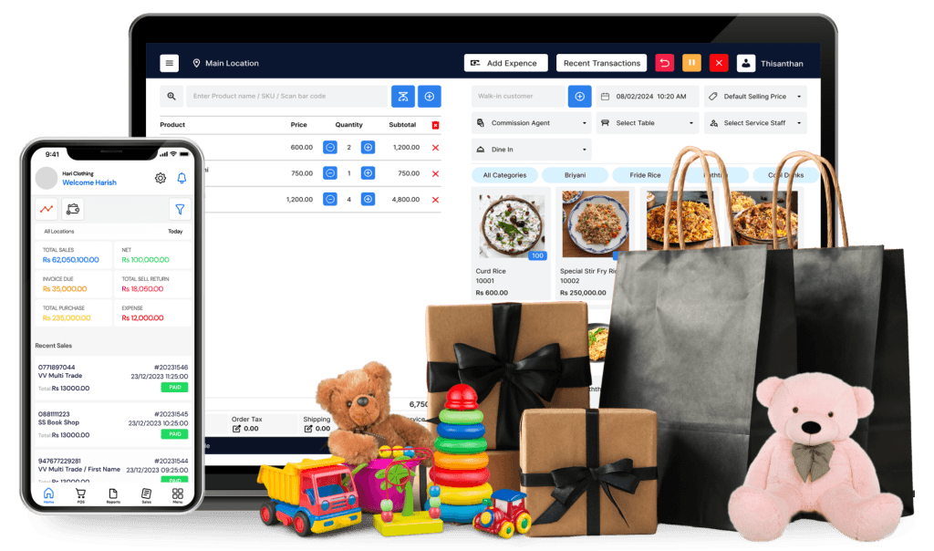 NEXA gift shop POS: billing screen on a laptop and sales dashboard on the mobile app