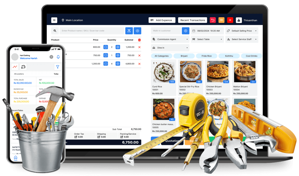 NEXA hardware store POS: billing screen on a laptop and sales dashboard on the mobile app