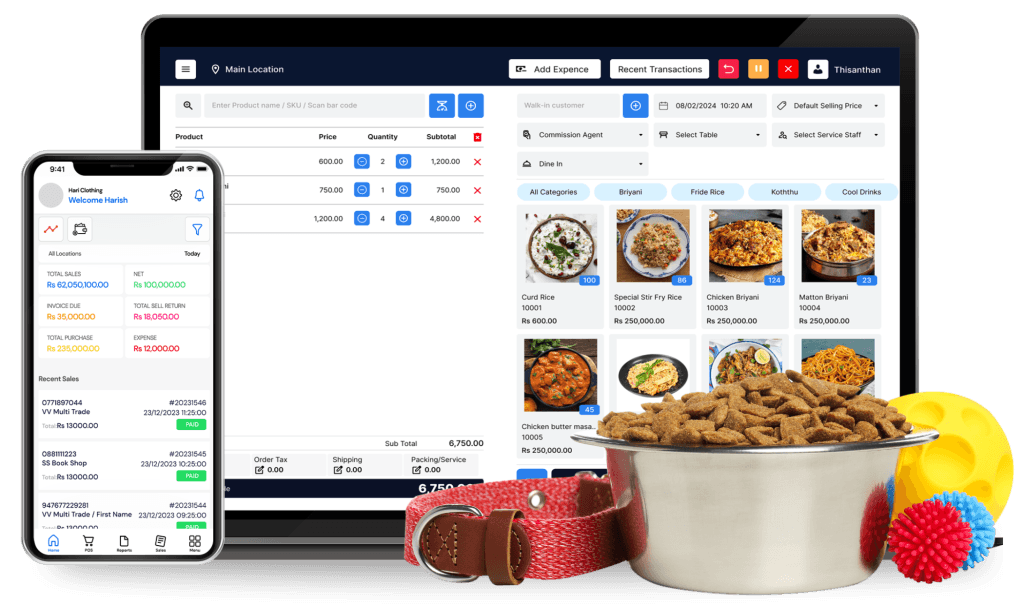 NEXA pet shop POS: billing screen on a laptop and sales dashboard on the mobile app