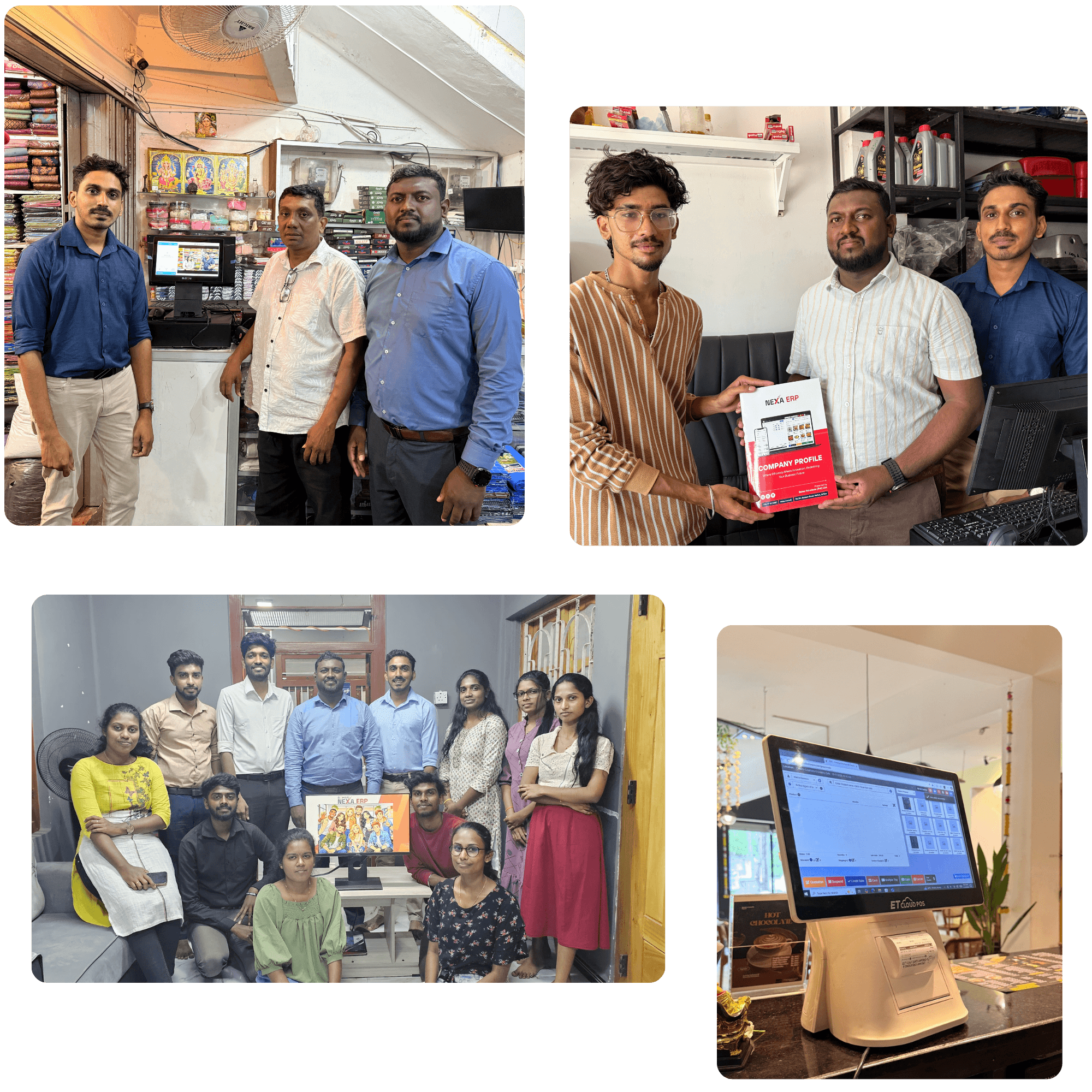 NEXA team with customers at their shops, and a NEXA touch POS terminal at a counter