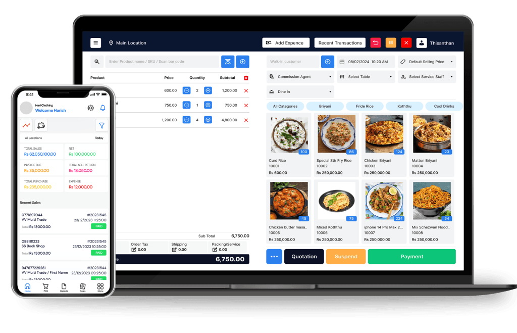 NEXA book shop POS: billing screen on a laptop and sales dashboard on the mobile app