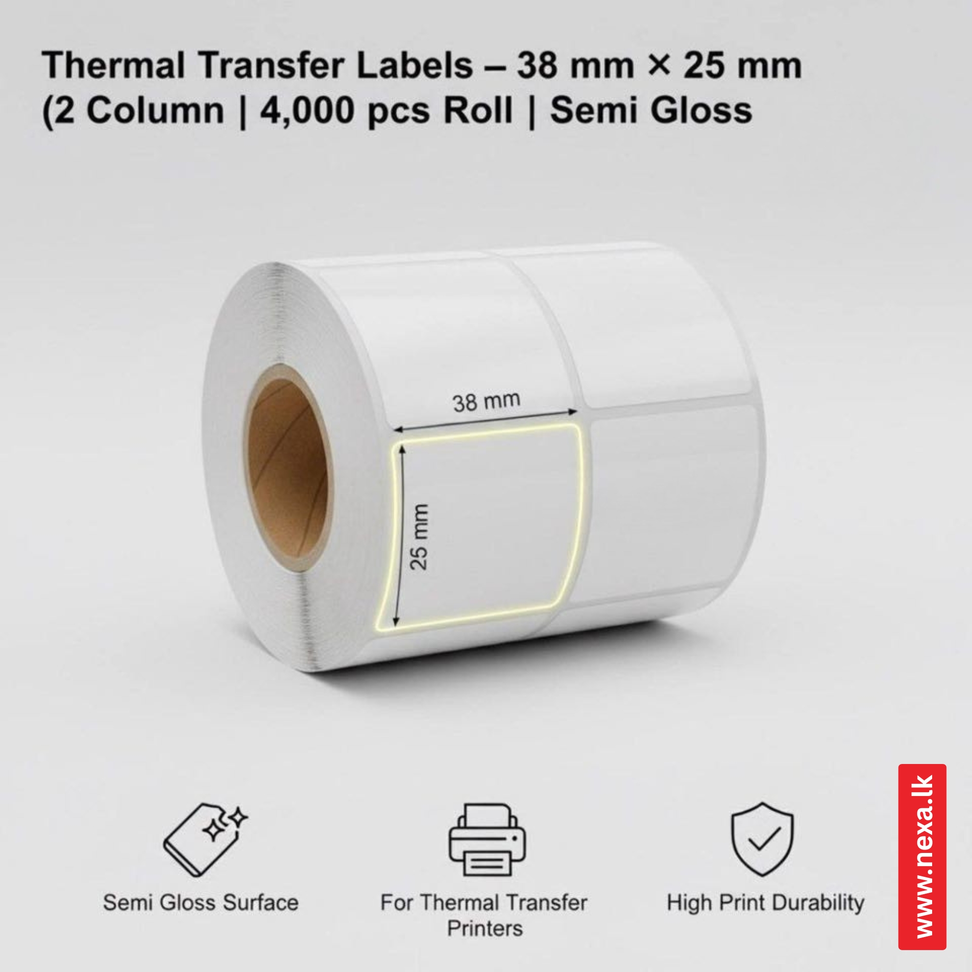 38×25mm Thermal Transfer Labels Sri Lanka – Semi Gloss Barcode Label Roll (4,000 pcs | 2 Column)